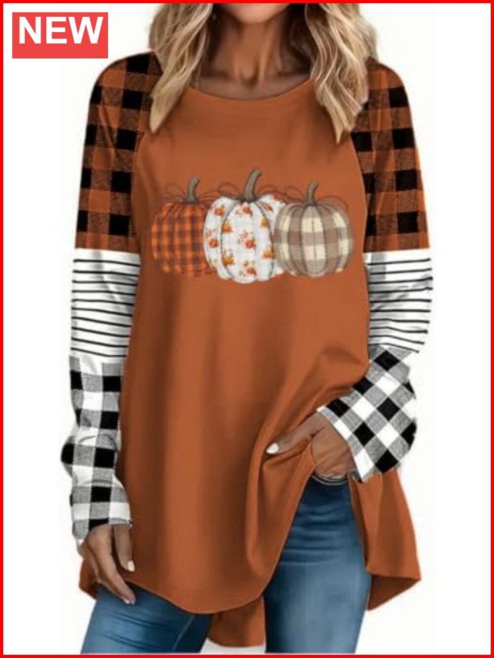 Women's Fall Pumpkin Graphic Raglan Long Sleeve Tee Plaid Striped Crew Neck